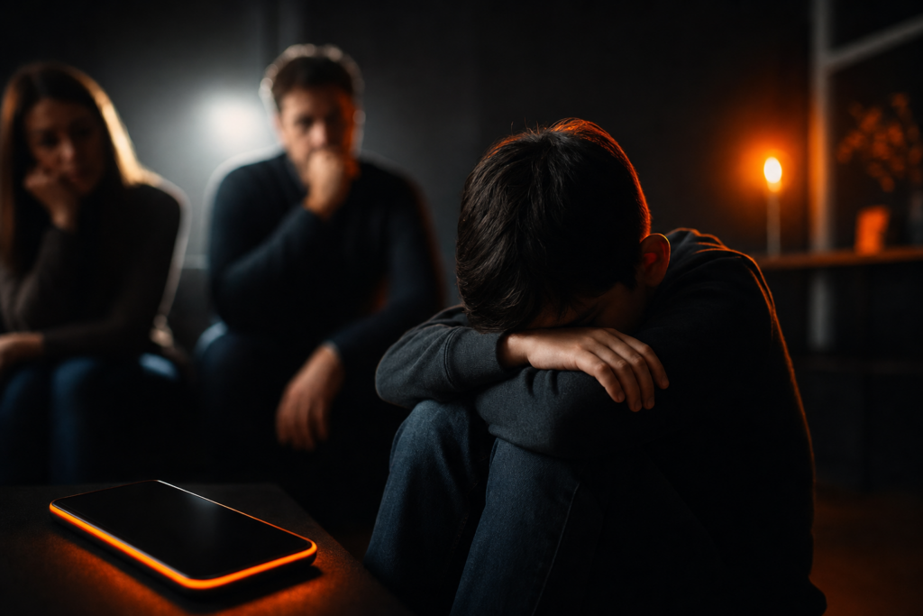 Un adolescente revisando su celular con expresión de preocupación.