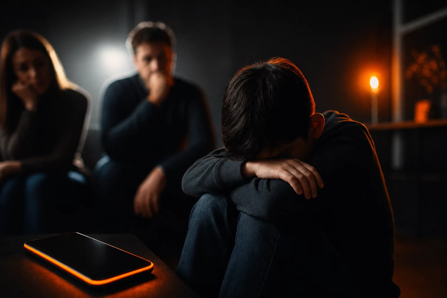 Un adolescente revisando su celular con expresión de preocupación.